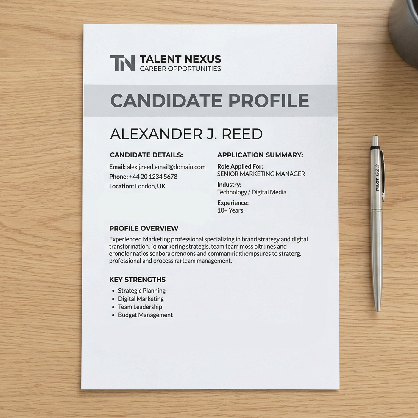 Branded CV on desk ready for client submission