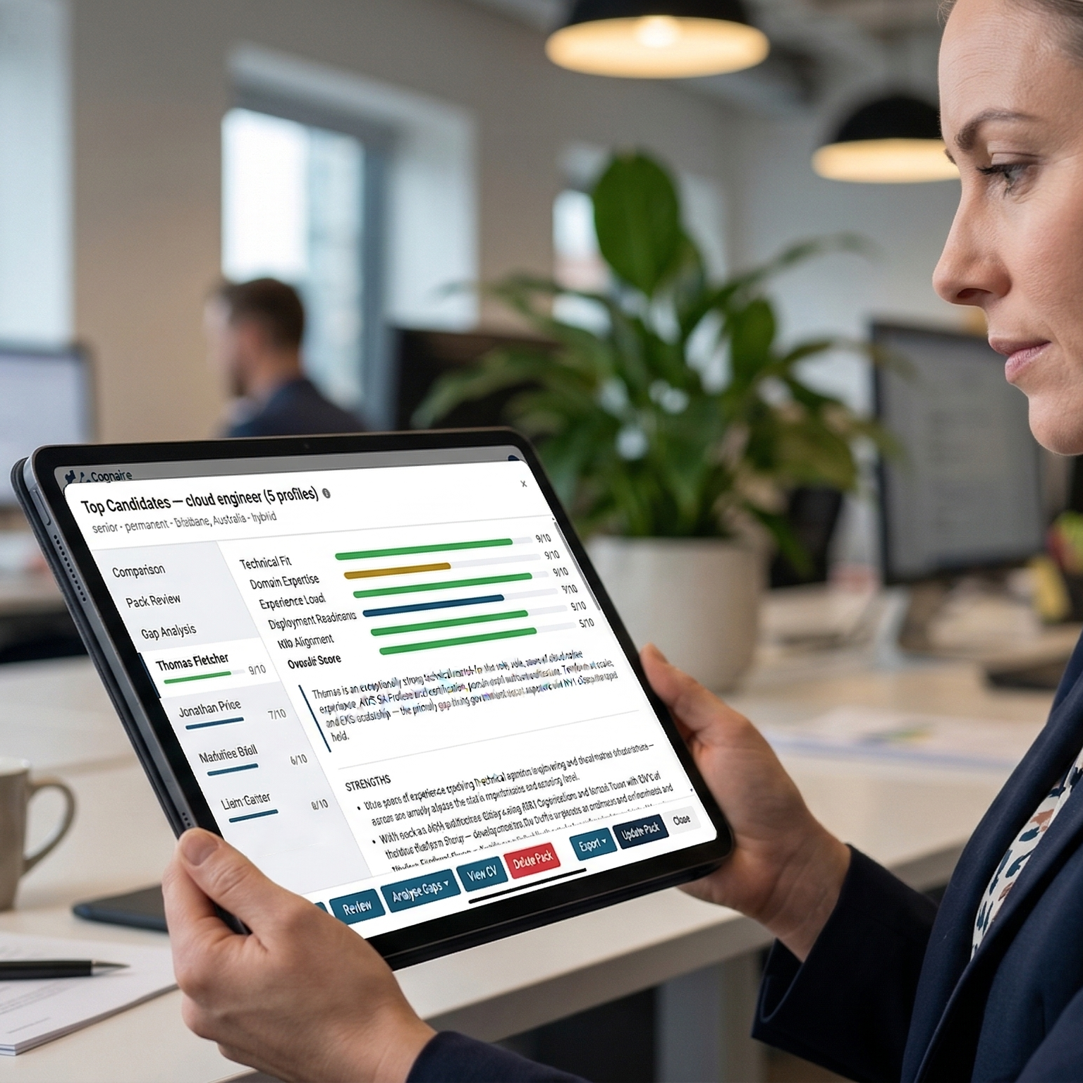 Pre-submission scoring on iPad showing candidate fit analysis
